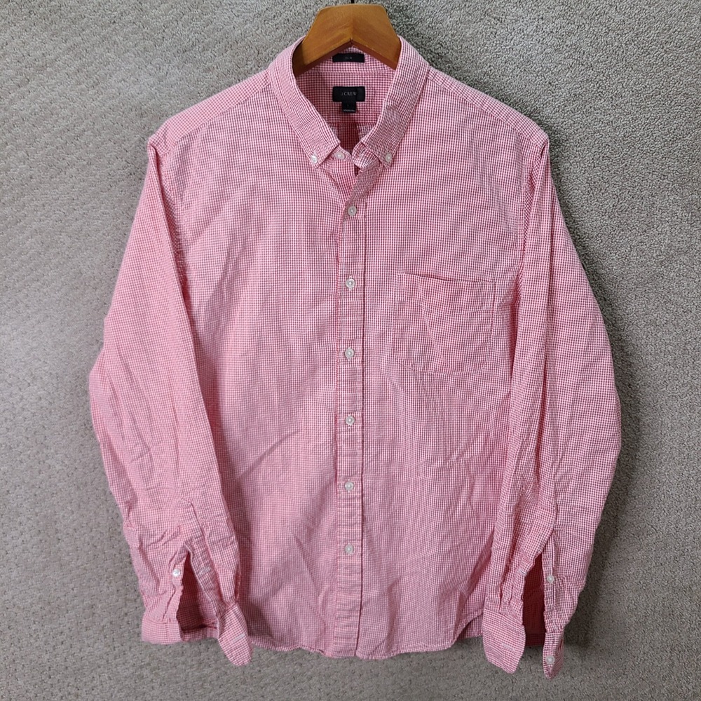 J Crew Shirt Mens L Red Gingham Slim Fit Button Down Seersucker Long Sleeve